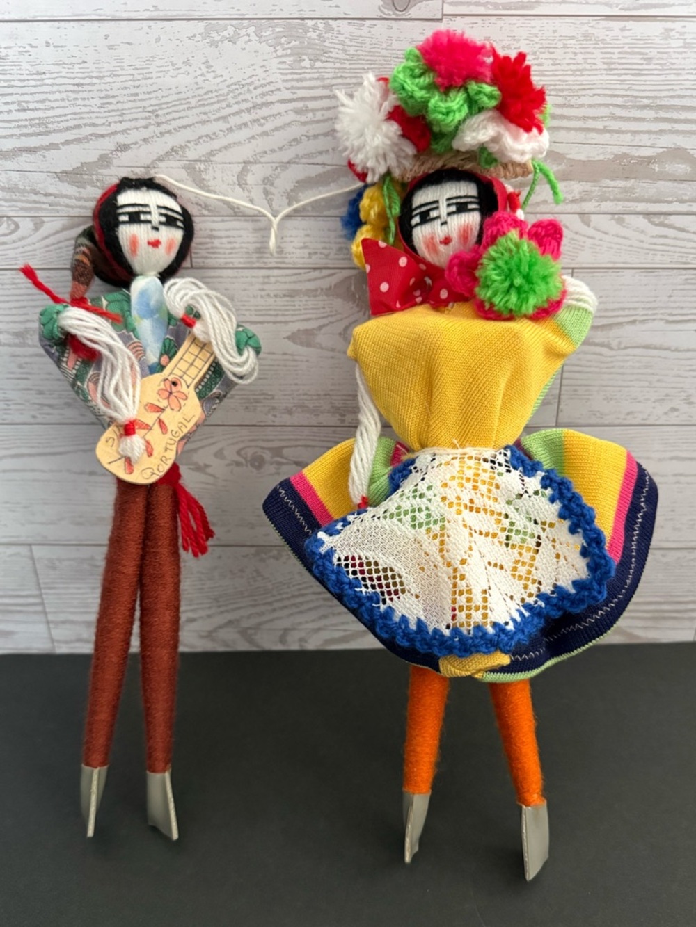 Vintage Portugal Souvenir Dolls Women Portuguese Costumes Yarn Face Collectible